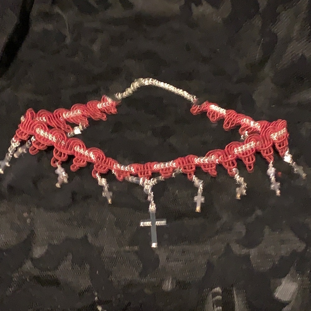 O.O.A.K. Red Ribbon Silver Rhinestone Cross Choker - Picture 10 of 13